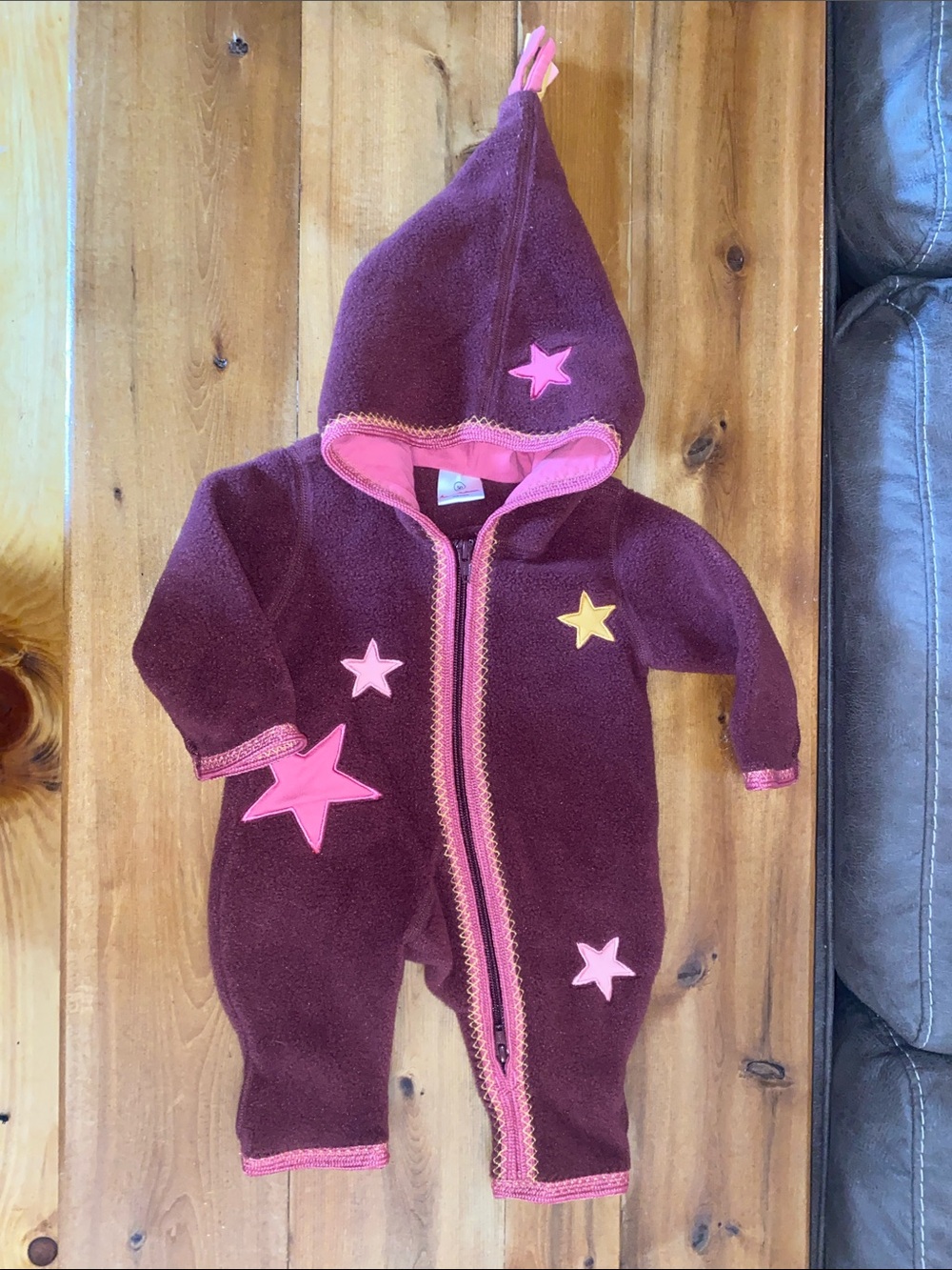Hanna Andersson Burgundy Fleece One-Piece with Pink and Yellow Stars